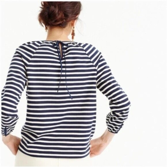 J. CREW STRIPED PEASANT TOP GATHERED NECK TIE BACK NAVY IVORY Size XS Fit S/M - Picture 2 of 10